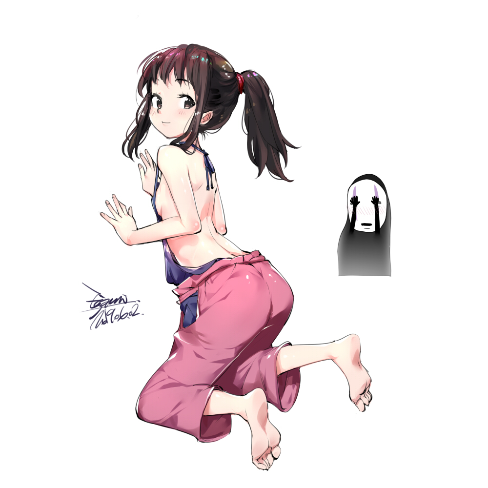 1girl ass barefoot blush breasts brown_eyes brown_hair closed_mouth ejami feet kaonashi looking_at_viewer ogino_chihiro ponytail sen_to_chihiro_no_kamikakushi short_hair sideboob simple_background smile white_background