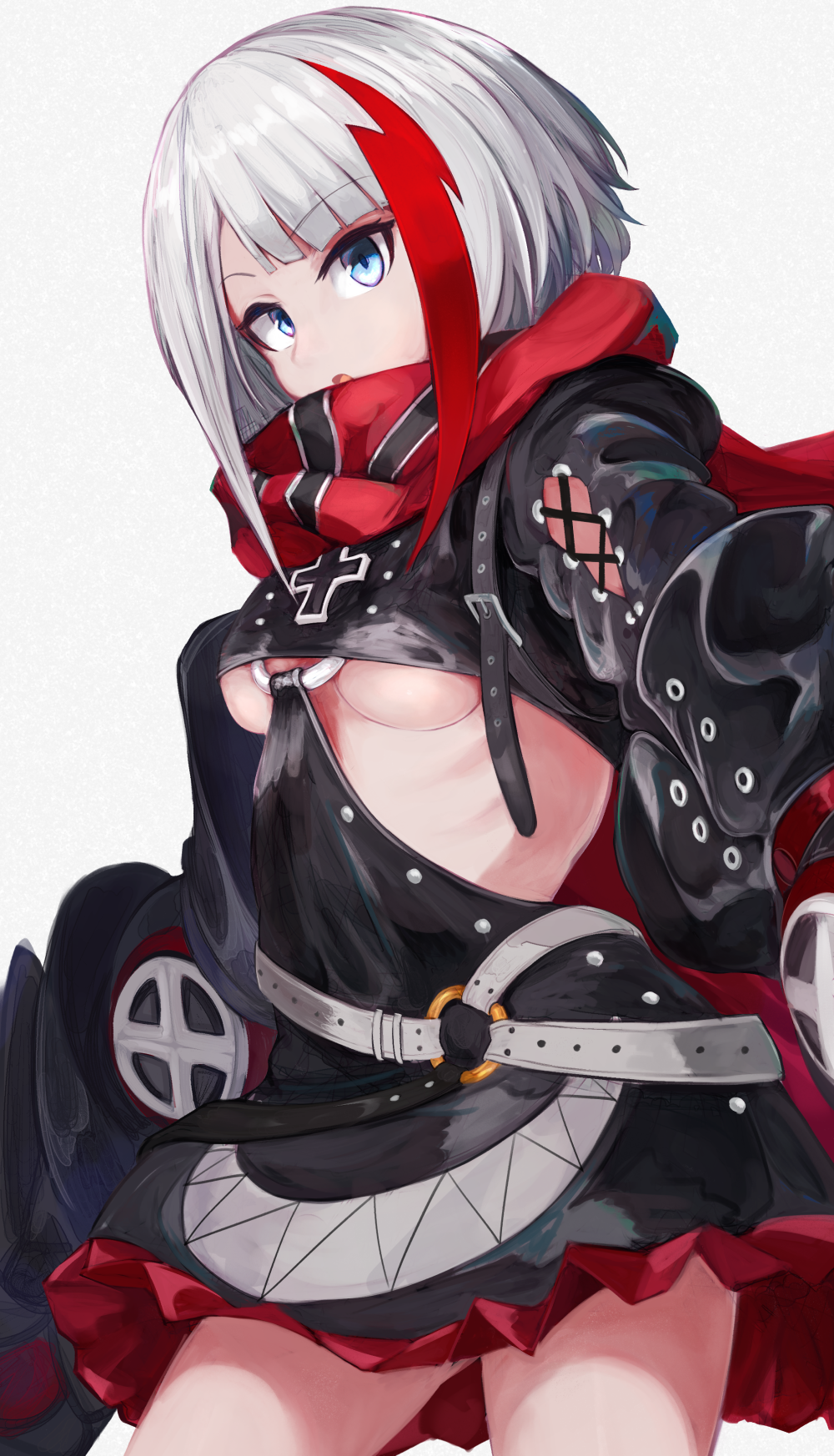 1girl admiral_graf_spee_(azur_lane) azur_lane belt blue_eyes blush breasts cross dress eyebrows_visible_through_hair highres long_sleeves looking_at_viewer marshall2033 multicolored_hair open_mouth redhead ribs scarf short_hair sidelocks silver_hair simple_background small_breasts solo streaked_hair underboob_cutout white_background white_belt