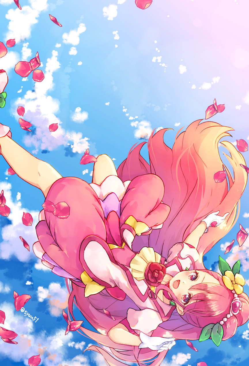 1girl :d clouds cure_grace earrings flower gloves hair_flower hair_ornament hanadera_nodoka healin'_good_precure heart heart_hair_ornament highres jacket jewelry layered_skirt long_hair looking_at_viewer magical_girl open_mouth petals pink_eyes pink_hair precure red_flower red_rose rose shoes shuu_(mniarnoakou) skirt sky smile solo upside-down white_gloves white_jacket