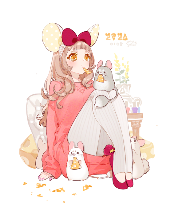 1girl 2020 animal animal_ears animal_on_leg bangs blunt_bangs bow brown_hair chinese_zodiac dated fake_animal_ears flats food_in_mouth grey_legwear hair_bow knees_up leggings legs_together long_hair long_sleeves mouse_ears mouth_hold nail_polish orange_hair original pink_nails red_bow red_footwear red_shirt shirt signature sitting sleeves_past_wrists solo white_background year_of_the_rat yua_(tick-tack)