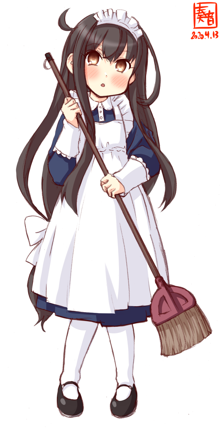 1girl alternate_costume apron artist_logo black_footwear black_hair blue_dress broom brown_eyes commentary_request dated dress enmaided frilled_apron frills full_body hatsushimo_(kantai_collection) highres kanon_(kurogane_knights) kantai_collection long_hair looking_at_viewer low-tied_long_hair maid maid_headdress mary_janes pantyhose shoes simple_background solo white_apron white_background white_legwear