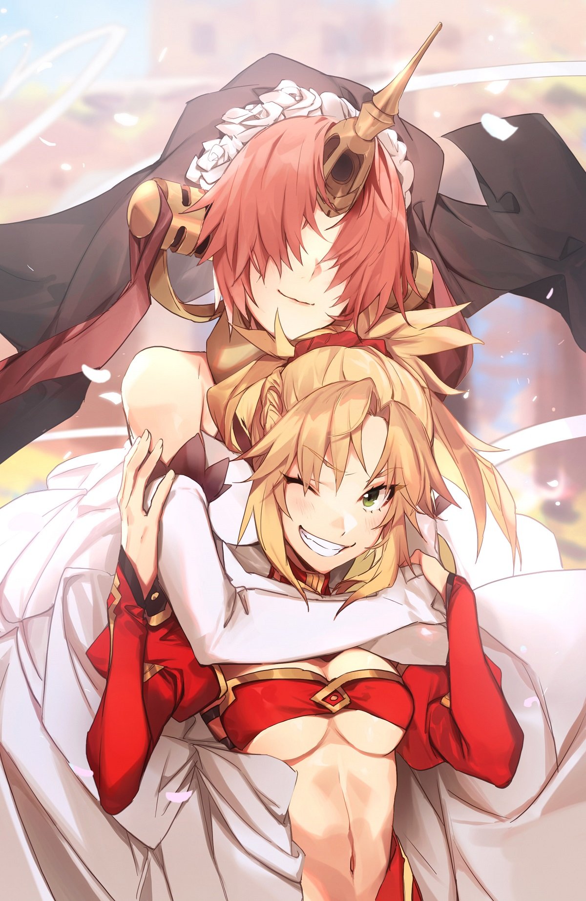 2girls black_veil blonde_hair breasts dress elbow_gloves fate/apocrypha fate/grand_order fate_(series) frankenstein's_monster_(fate) gloves green_eyes grin hair_over_eyes headgear highres horn hug hug_from_behind light_blush long_sleeves looking_at_viewer medium_breasts medium_hair mordred_(fate) mordred_(fate)_(all) multiple_girls no-kan one_eye_closed pink_hair short_hair smile under_boob white_dress white_gloves