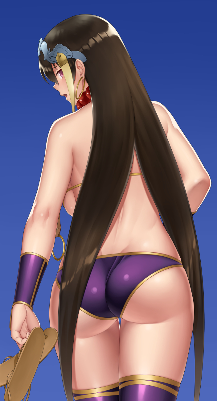 1girl ass back bangs bare_shoulders bead_necklace beads bikini blue_background blush breasts bridal_gauntlets brown_hair earrings fate/grand_order fate_(series) gonoike_biwa headpiece highres hoop_earrings jewelry large_breasts long_hair looking_at_viewer looking_back necklace open_mouth prayer_beads purple_bikini purple_legwear sandals_removed simple_background solo swimsuit thigh-highs very_long_hair violet_eyes xuanzang_(fate/grand_order)