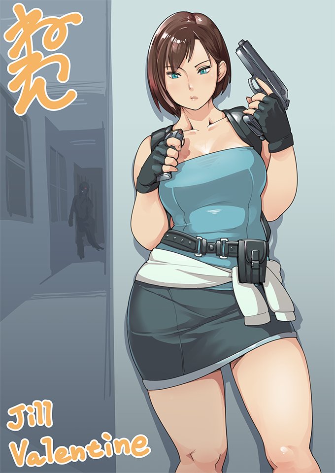 1girl 1other against_wall belt black_gloves blue_eyes breasts brown_hair casual character_name clothes_around_waist collarbone commentary_request fingerless_gloves frown gloves gun hallway handgun holding holding_gun holding_weapon holster jill_valentine large_breasts magazine_(weapon) neone pencil_skirt pistol reloading resident_evil resident_evil_3 short_hair shoulder_holster skirt sleeveless solo_focus strapless sweater_around_waist trigger_discipline weapon zombie