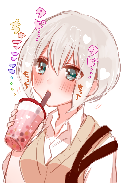 1girl aoba_moca bang_dream! blue_eyes blush bubble_tea chino_machiko collared_shirt commentary_request cup drinking drinking_straw grey_hair haneoka_school_uniform heart holding holding_cup school_uniform shirt short_hair simple_background solo sweater_vest upper_body white_background white_shirt
