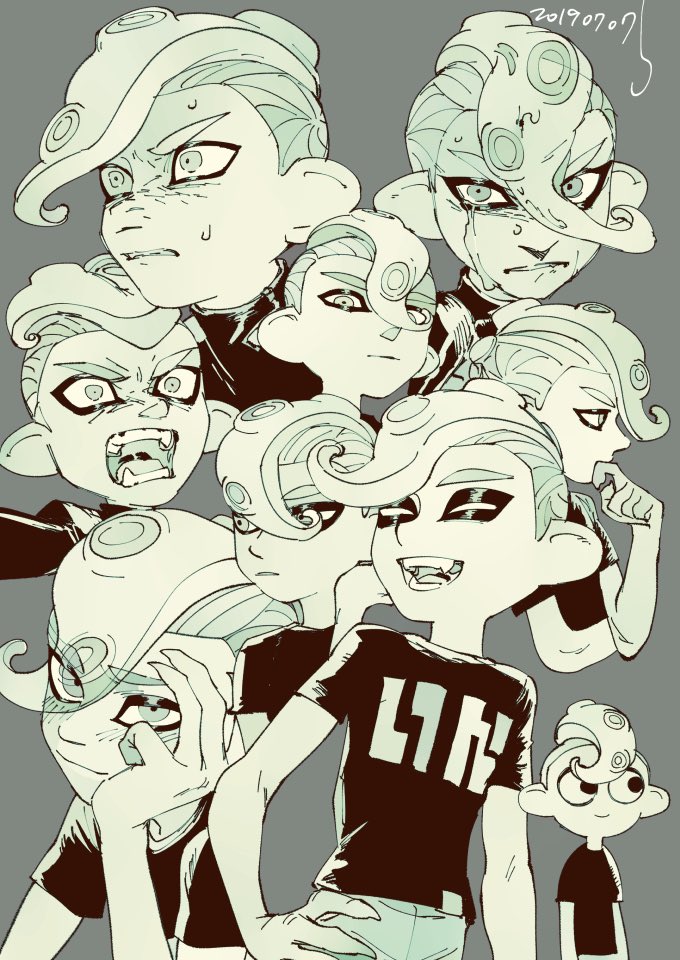 1boy angry banonefans blush cephalopod_eyes chibi chibi_inset closed_eyes commentary crying expressions fangs happy makeup mascara mohawk multiple_views octarian octoling open_mouth pointy_ears sad shirt smile splatoon_(series) splatoon_2 splatoon_2:_octo_expansion squidbeak_splatoon suction_cups t-shirt tears tentacle_hair