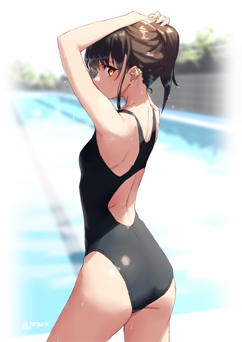 1girl arms_up ass back_cutout bare_arms bare_shoulders black_swimsuit breasts commentary_request competition_swimsuit cowboy_shot day from_behind jonsun looking_at_viewer looking_back one-piece_swimsuit original outdoors pool poolside short_hair short_ponytail small_breasts solo swimsuit twitter_username yellow_eyes