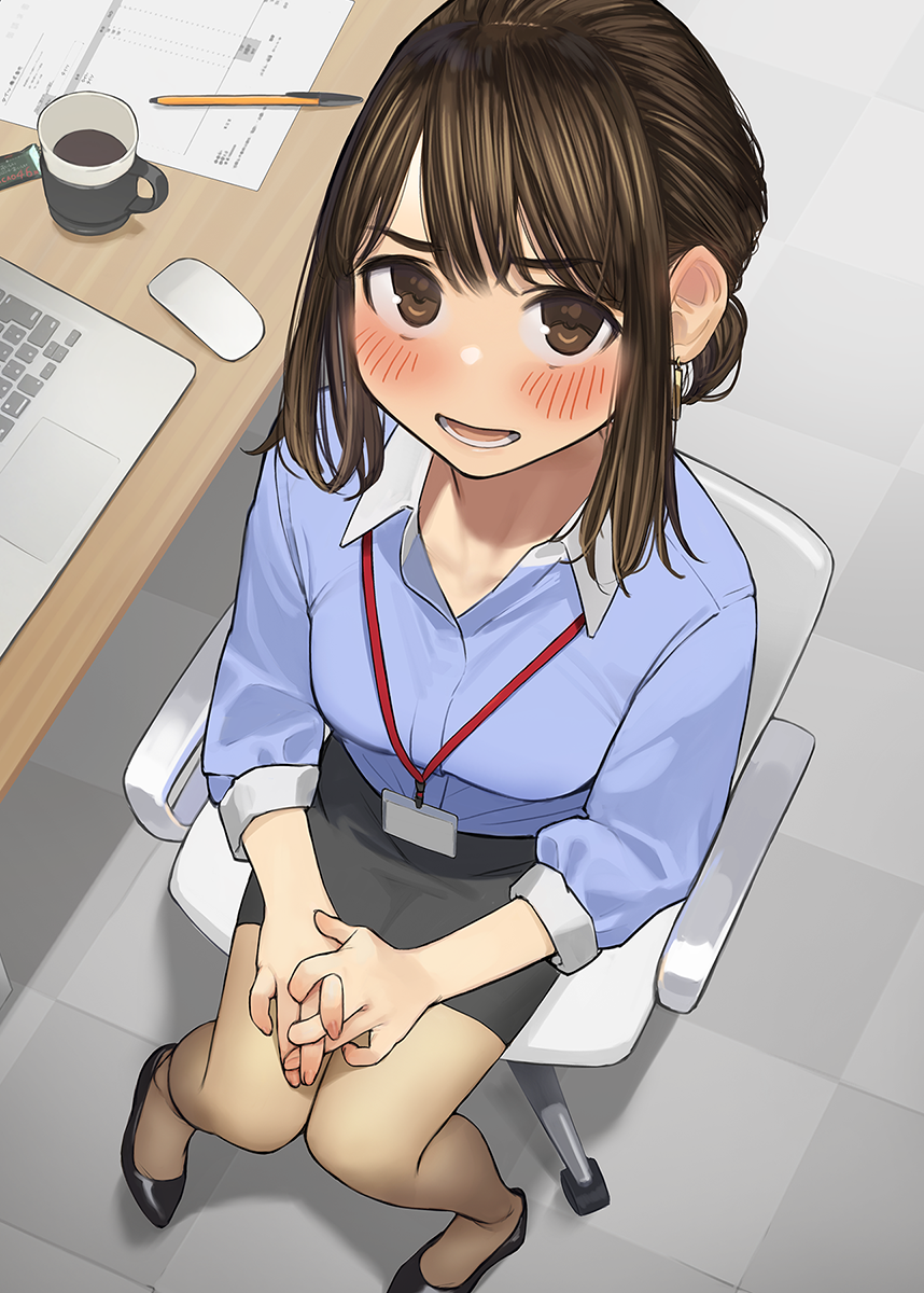 1girl bangs blush breasts brown_eyes brown_hair chair checkered checkered_floor coffee_cup coffee_mug collarbone computer cup desk disposable_cup earrings eyebrows_visible_through_hair formal high_heels highres jewelry lanyard laptop looking_at_viewer medium_breasts miniskirt mouse_(computer) mug office office_chair office_lady office_lady_(yomu_(sgt_epper)) original pantyhose paper pen pencil_skirt sidelocks sitting skirt skirt_suit suit yomu_(sgt_epper)