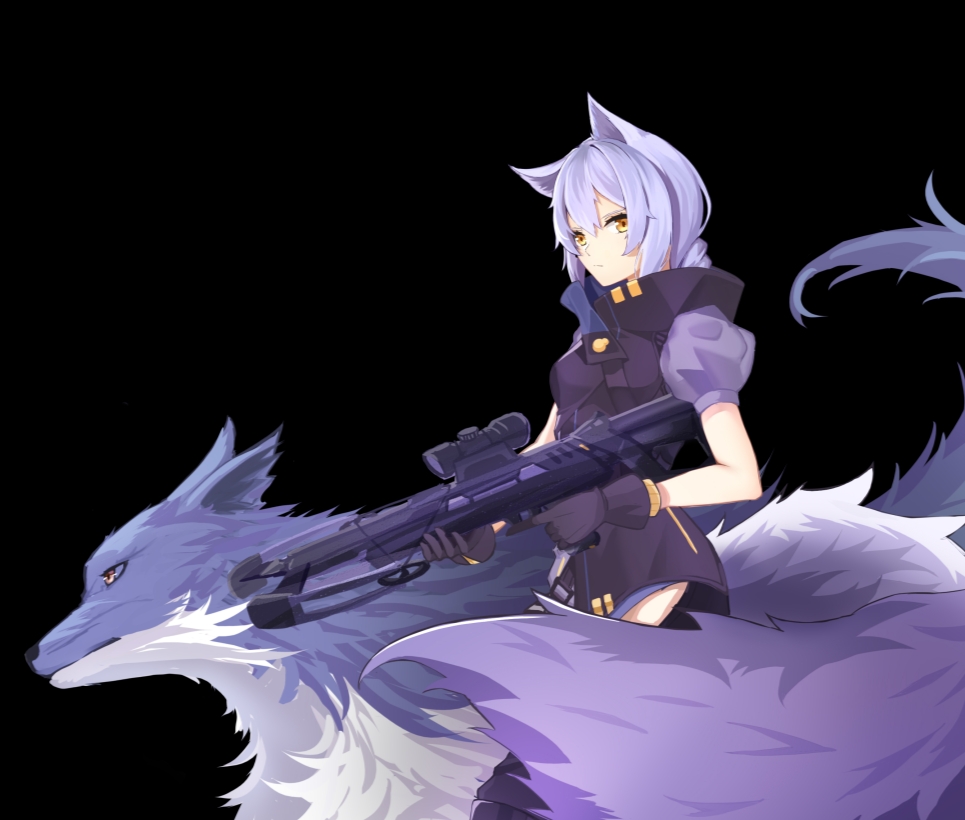 1girl animal_ears arknights bangs black_background bow_(weapon) buzai chinese_commentary commentary_request crossbow gloves hair_between_eyes high_collar holding holding_bow_(weapon) holding_weapon large_tail looking_at_viewer partial_commentary provence_(arknights) puffy_short_sleeves puffy_sleeves purple_gloves purple_hair purple_vest short_hair short_sleeves simple_background tail vest weapon wolf wolf_ears wolf_tail yellow_eyes