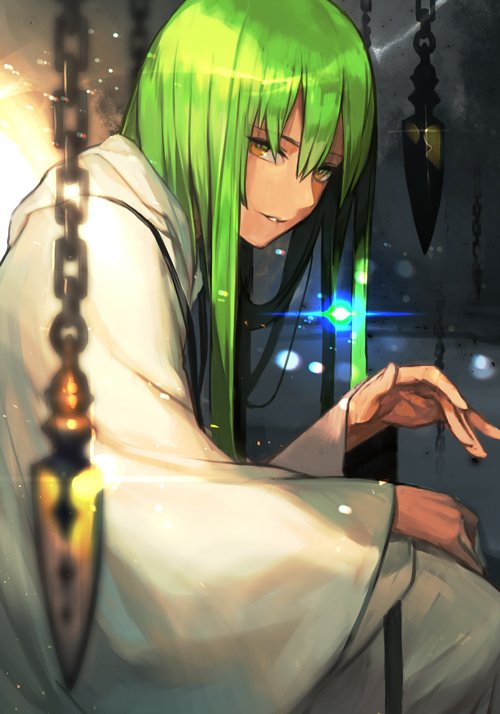 1boy blurry blurry_background blurry_foreground depth_of_field enkidu_(fate/strange_fake) fate/strange_fake fate_(series) from_side glint green_eyes green_hair hankuri hooded_robe leaning_forward long_hair long_sleeves looking_at_viewer looking_to_the_side male_focus parted_lips robe smile solo white_robe