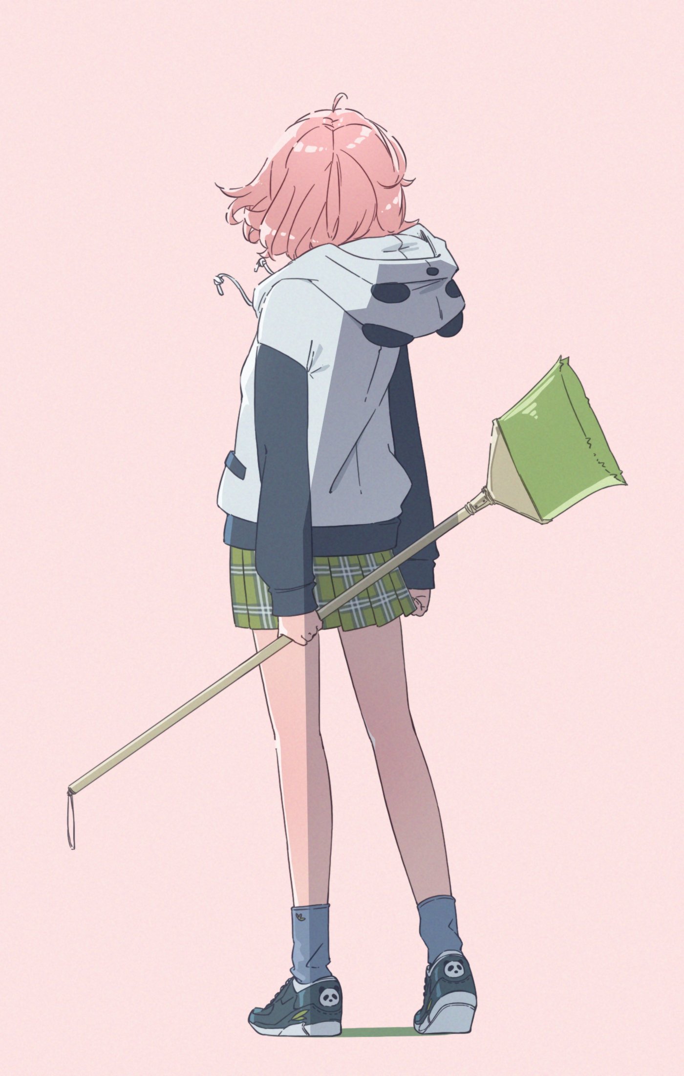 1girl ahoge animal_ears animal_hood black_footwear broom colored_shadow commentary_request drawstring facing_away fake_animal_ears full_body green_skirt grey_legwear highres holding holding_broom hood hood_down hooded_jacket jacket long_sleeves nijisanji panda_ears panda_hood pink_background pink_hair plaid plaid_skirt pleated_skirt sasaki_saku shadow shoes sirataki_umauma skirt sleeves_past_wrists socks solo standing tan virtual_youtuber white_jacket