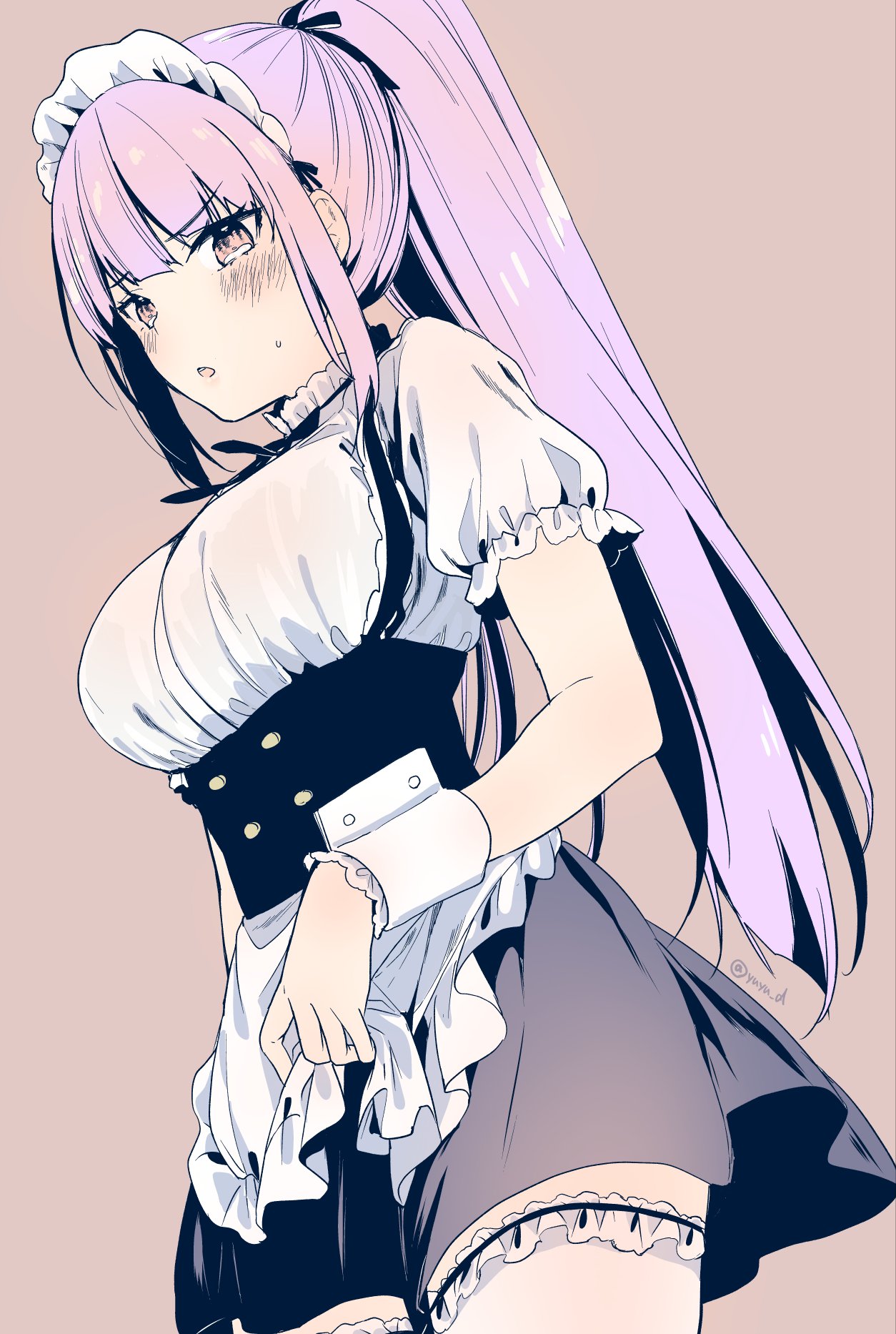 1girl apron blush breasts character_request copyright_request cowboy_shot dutch_angle highres lace lace-trimmed_legwear long_hair maid maid_apron open_mouth pink_background ponytail purple_hair sweatdrop tearing_up thigh-highs twitter_username wrist_cuffs yu_yu