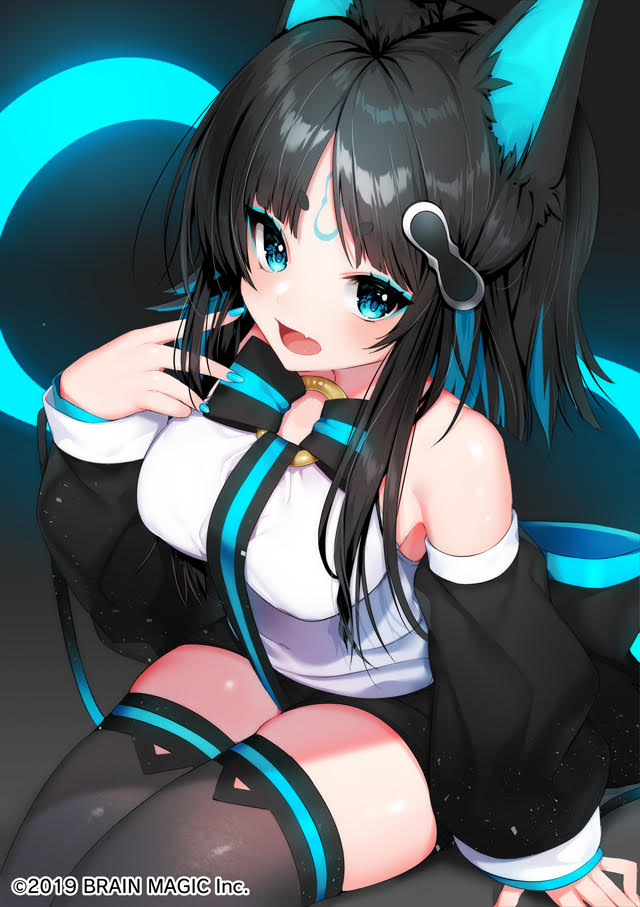 1girl bangs bare_shoulders black_legwear blue_eyes blue_hair blue_nails breasts commentary_request copyright_request detached_sleeves fang from_above haiba_09 long_hair looking_at_viewer multicolored_hair o-ring official_art shirt skin_fang solo thigh-highs two-tone_hair white_shirt