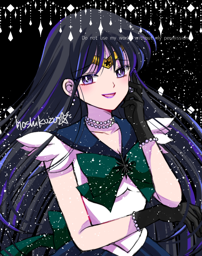 1girl alternate_costume back_bow bishoujo_senshi_sailor_moon black_background black_gloves black_hair blue_sailor_collar bow brooch circlet embarrassed gloves green_bow hoshikuzu_(milkyway792) jewelry long_hair looking_at_viewer magical_girl mistress_9 older raised_eyebrows repost_notice sailor_collar sailor_senshi_costume sailor_senshi_uniform signature simple_background smile solo tomoe_hotaru upper_body violet_eyes