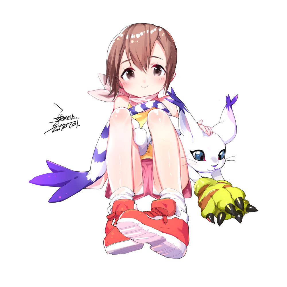 1girl blue_eyes blush brown_eyes brown_hair closed_mouth digimon ejami gloves looking_at_viewer panties short_hair shorts simple_background smile tailmon underwear white_background yagami_hikari