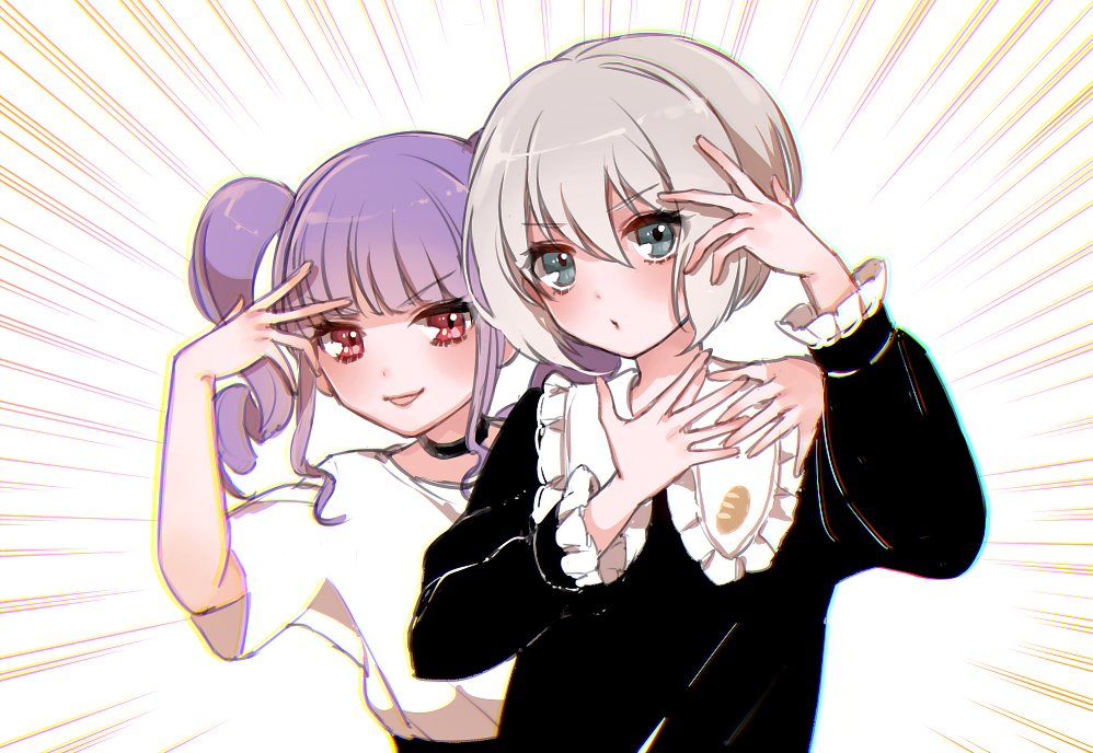 &gt;:) 2girls aoba_moca bang_dream! bangs black_choker black_shirt blue_eyes bread chino_machiko choker chromatic_aberration emphasis_lines food food_print frilled_shirt_collar frilled_sleeves frills grey_hair hand_on_another's_shoulder hand_on_own_chest hand_over_eye long_sleeves multiple_girls purple_hair red_eyes shirt short_hair short_sleeves sidelocks twintails udagawa_ako upper_body white_background white_shirt