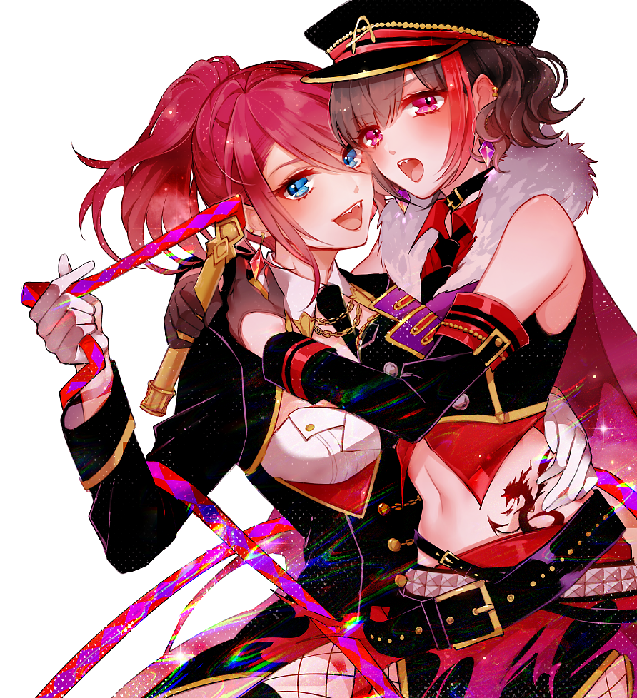 2girls arm_around_waist bang_dream! belt black_collar black_gloves black_hair black_jacket black_neckwear blue_eyes chino_machiko collar collared_shirt crop_top detached_sleeves double-breasted dragon_tattoo ear_piercing earrings fangs fur_trim gloves hat holding hug jacket jewelry long_hair looking_at_viewer mitake_ran multiple_girls navel necktie piercing ponytail redhead ribbon shirt short_hair sidelocks stomach_tattoo tattoo udagawa_tomoe violet_eyes white_background white_gloves