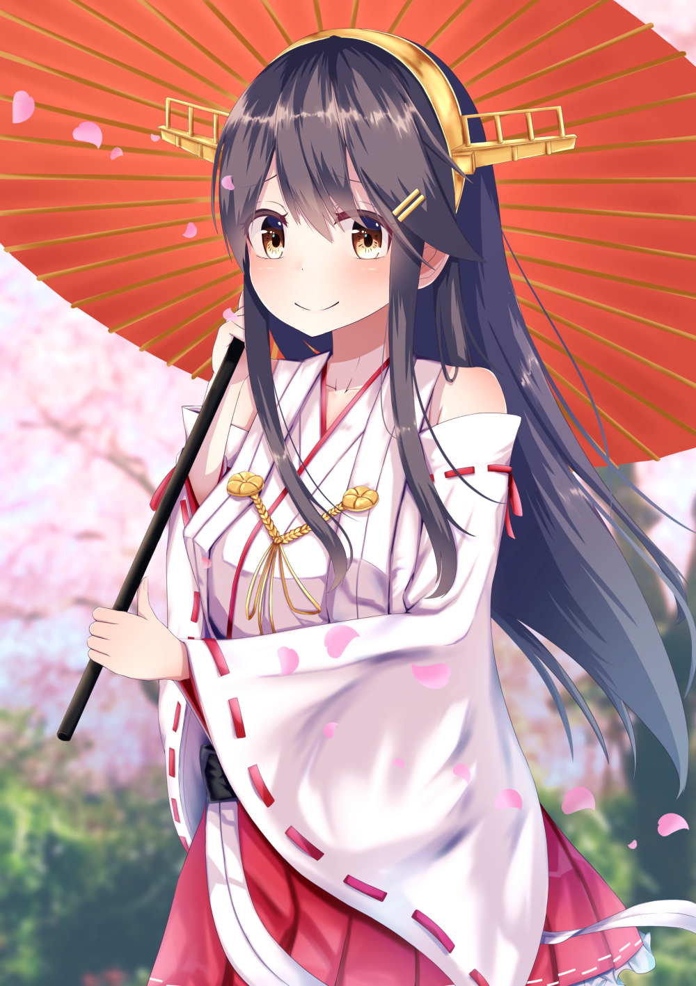 1girl bare_shoulders black_hair blush brown_eyes cherry_blossoms hair_ornament hairclip haruna_(kantai_collection) headgear highres kantai_collection long_hair looking_at_viewer nontraditional_miko oriental_umbrella pleated_skirt red_skirt remodel_(kantai_collection) skirt smile solo totoraisu umbrella wide_sleeves