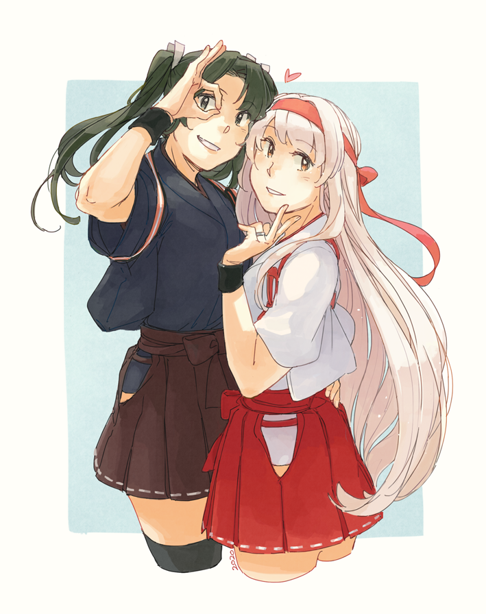 2girls bangs cropped_legs eyebrows_visible_through_hair green_hair hair_ribbon hakama hakama_skirt headband heart hip_vent japanese_clothes jewelry kantai_collection long_hair multiple_girls ok_sign red_headband ribbon ring shoukaku_(kantai_collection) simple_background skirt smile tasuki twintails two-tone_background v weidashming white_hair zuikaku_(kantai_collection)