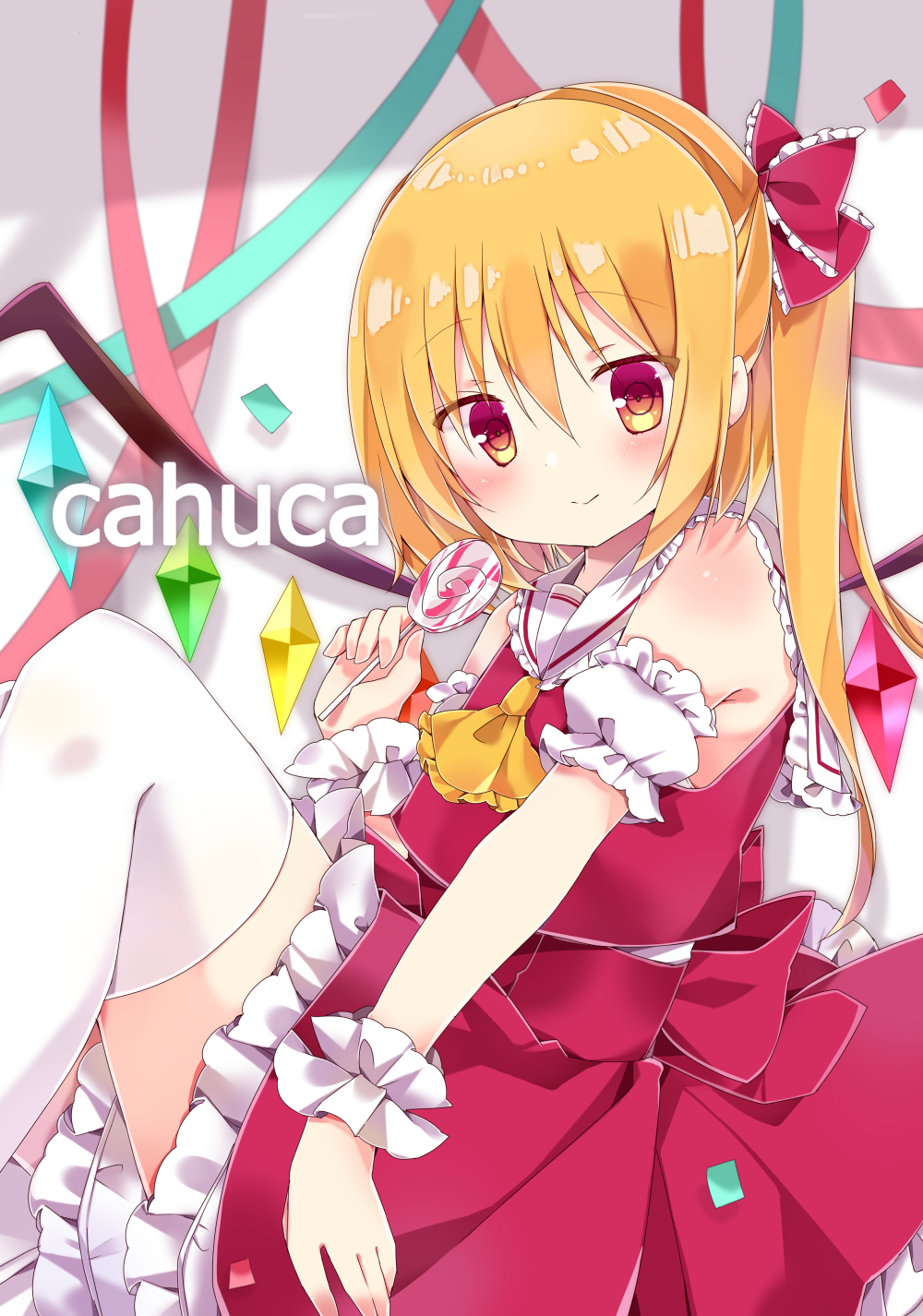 1girl ai_1003 ascot bangs bare_shoulders blonde_hair blush bow candy closed_mouth commentary_request crystal detached_sleeves eyebrows_visible_through_hair flandre_scarlet food frilled_bow frilled_neckwear frilled_skirt frills hair_between_eyes hair_bow highres holding holding_food holding_lollipop lollipop long_hair orange_neckwear puffy_short_sleeves puffy_sleeves red_bow red_eyes red_shirt red_skirt sailor_collar shirt short_sleeves side_ponytail sidelocks skirt skirt_set sleeveless sleeveless_shirt smile solo swirl_lollipop touhou white_sailor_collar white_sleeves wings wrist_cuffs