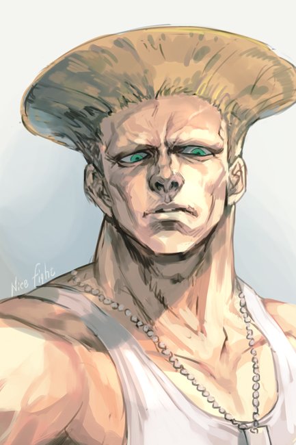 1boy blonde_hair dog_tags english_text green_eyes grey_background guile hankuri looking_at_viewer male_focus manly muscle parted_lips shirt simple_background solo street_fighter street_fighter_ii_(series) tank_top upper_body white_background white_shirt