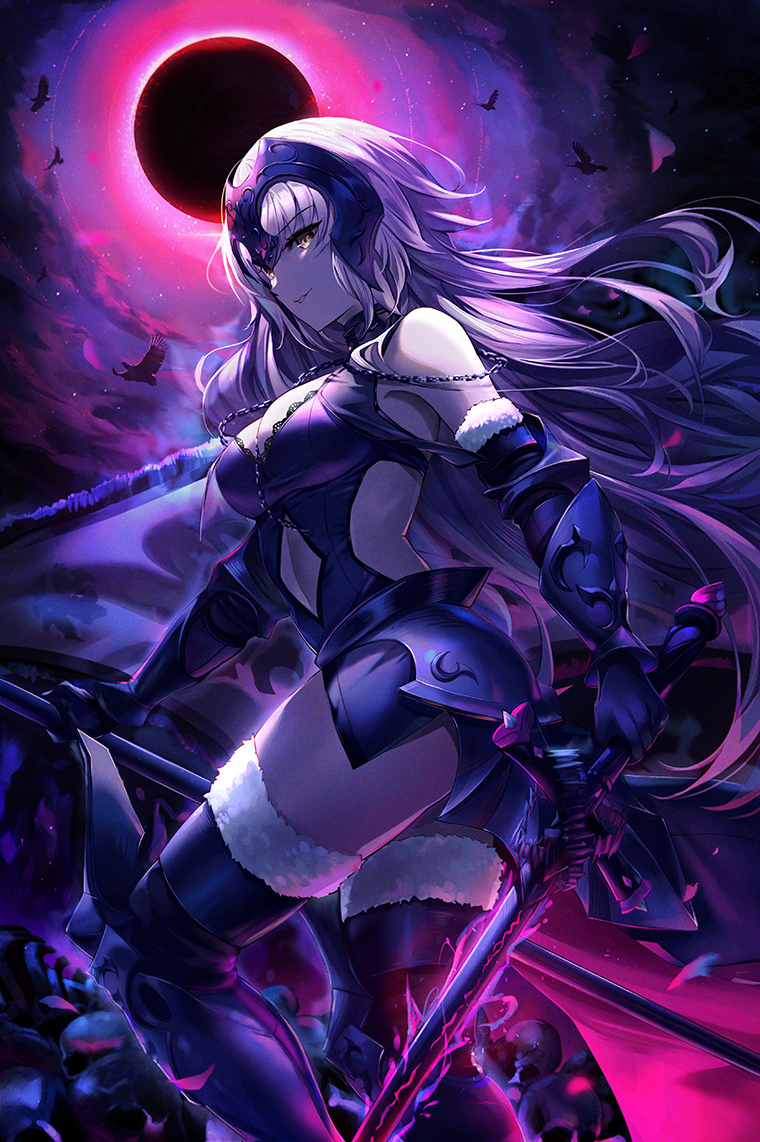 1girl armor armored_dress bangs breasts fate/grand_order fate_(series) flag gauntlets headpiece jeanne_d'arc_(alter)_(fate) jeanne_d'arc_(fate)_(all) large_breasts long_hair narae navel silver_hair solo sword very_long_hair weapon yellow_eyes