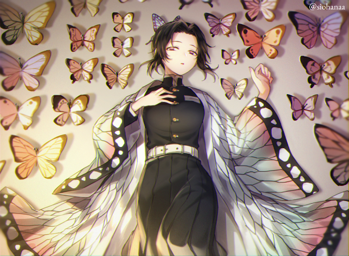 1girl belt belt_buckle black_hair black_pants buckle bug butterfly feet_out_of_frame forehead from_above half-closed_eyes hand_on_own_chest haori insect japanese_clothes kimetsu_no_yaiba kochou_shinobu long_sleeves looking_at_viewer lying md5_mismatch on_back pants parted_lips shiobana short_hair sidelocks solo twitter_username uniform violet_eyes wide_sleeves