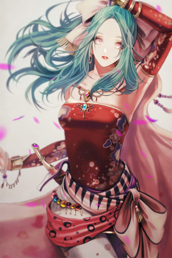 1girl amu_(nsk0) arm_up brooch cape detached_sleeves final_fantasy final_fantasy_vi floral_print green_hair jewelry looking_at_viewer parted_lips petals sash solo sword tina_branford weapon