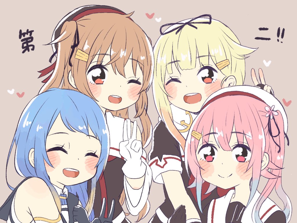 4girls ;d ^_^ bangs bare_shoulders beret black_headwear black_ribbon black_serafuku blonde_hair blue_hair blush brown_hair closed_eyes eyebrows_visible_through_hair flower gloves gradient_hair hair_flaps hair_flower hair_ornament hair_ribbon hairclip harusame_(kantai_collection) hat kantai_collection long_hair looking_at_viewer multicolored_hair multiple_girls murasame_(kantai_collection) one_eye_closed open_mouth pink_eyes pink_hair purple_background red_eyes redhead remodel_(kantai_collection) ren_kun ribbon samidare_(kantai_collection) school_uniform serafuku shirt short_sleeves side_ponytail simple_background sleeveless sleeveless_shirt smile swept_bangs two_side_up v white_gloves white_headwear yuudachi_(kantai_collection)