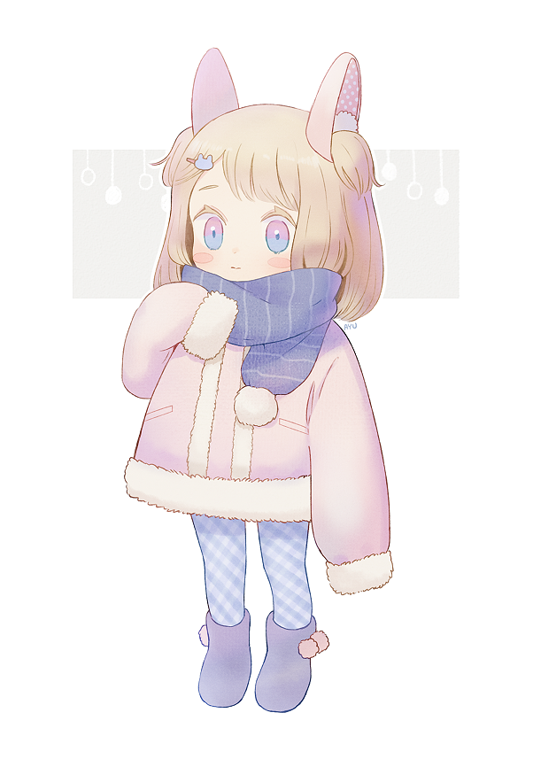 1girl animal_ears ayu_(mog) blonde_hair blue_eyes blue_legwear blue_scarf boots closed_mouth fake_animal_ears full_body fur_boots long_sleeves looking_at_viewer medium_hair multicolored multicolored_eyes original pantyhose pink_coat pom_pom_(clothes) purple_footwear scarf signature sleeves_past_fingers sleeves_past_wrists smile solo standing two_side_up violet_eyes