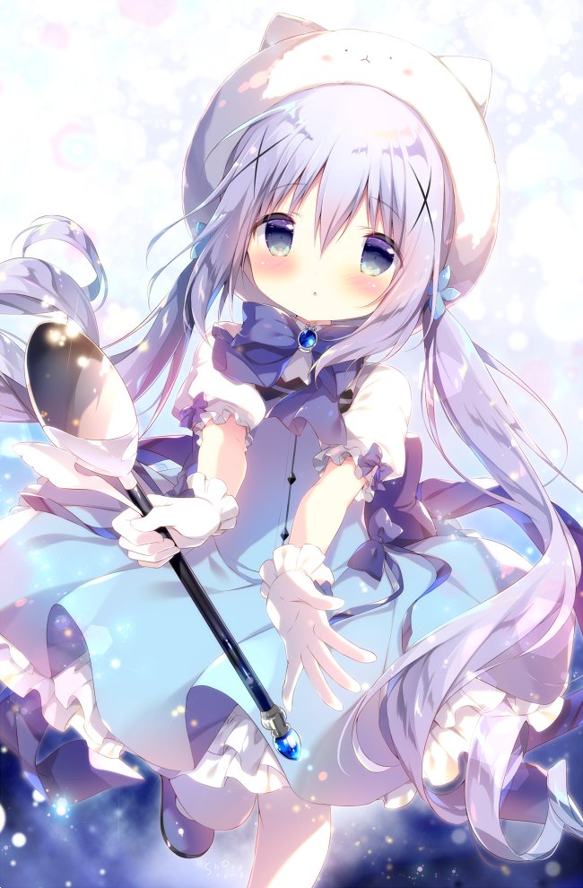 1girl :o blue_bow blue_eyes blue_footwear blue_hair blue_skirt blue_vest blush bow brooch character_hat commentary_request gloves gochuumon_wa_usagi_desu_ka? hair_ornament hat holding holding_spoon jewelry kafuu_chino long_hair magical_girl oversized_object pantyhose parted_lips pleated_skirt puffy_short_sleeves puffy_sleeves shiratama_(shiratamaco) shirt shoes short_sleeves skirt solo spoon standing standing_on_one_leg tippy_(gochiusa) twintails very_long_hair vest white_gloves white_headwear white_legwear white_shirt x_hair_ornament