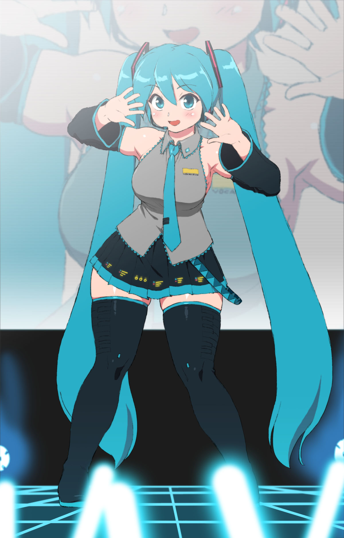 1girl aqua_eyes aqua_hair aqua_neckwear black_footwear black_sleeves blush boots breasts commentary_request dancing detached_sleeves glowstick hatsune_miku headphones headset highres large_breasts long_hair mage_(harumagedon) medium_breasts monitor necktie pose solo_focus thigh-highs thigh_boots twintails very_long_hair vocaloid wireless zettai_ryouiki zoom_layer