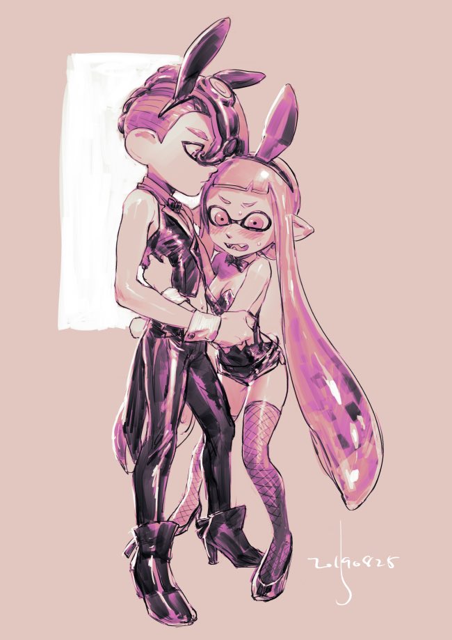 1boy 1girl animal_ears bangs banonefans black_leotard blunt_bangs blush bow bowtie bunny_boy bunny_girl bunny_tail bunnysuit couple detached_collar domino_mask fake_animal_ears fake_tail fangs fishnet_legwear fishnets hetero high_heels inkling leotard long_hair makeup mascara mask mohawk octarian octoling pointy_ears rabbit_ears short_hair splatoon_(series) splatoon_2 splatoon_2:_octo_expansion strapless strapless_leotard suction_cups tail wrist_cuffs