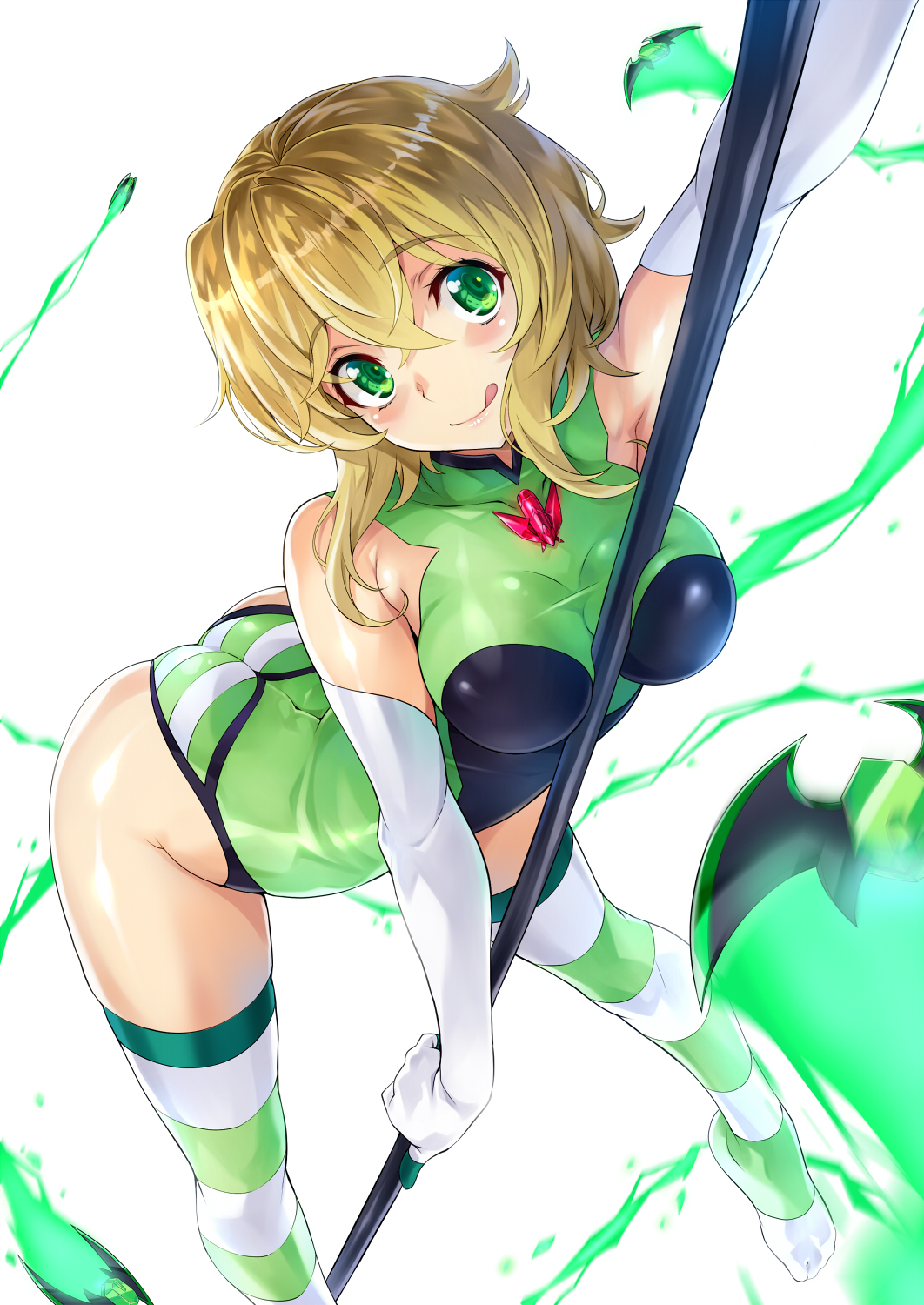 1girl akatsuki_kirika arched_back ass blonde_hair commentary commentary_request elbow_gloves english_commentary from_above gloves green_eyes green_leotard hair_ornament highleg highleg_leotard highres leaning_forward leotard looking_at_viewer looking_up lydian_academy_uniform nagayori scythe senki_zesshou_symphogear shiny shiny_hair shiny_skin short_hair striped striped_legwear symphogear_pendant tongue tongue_out white_gloves x_hair_ornament