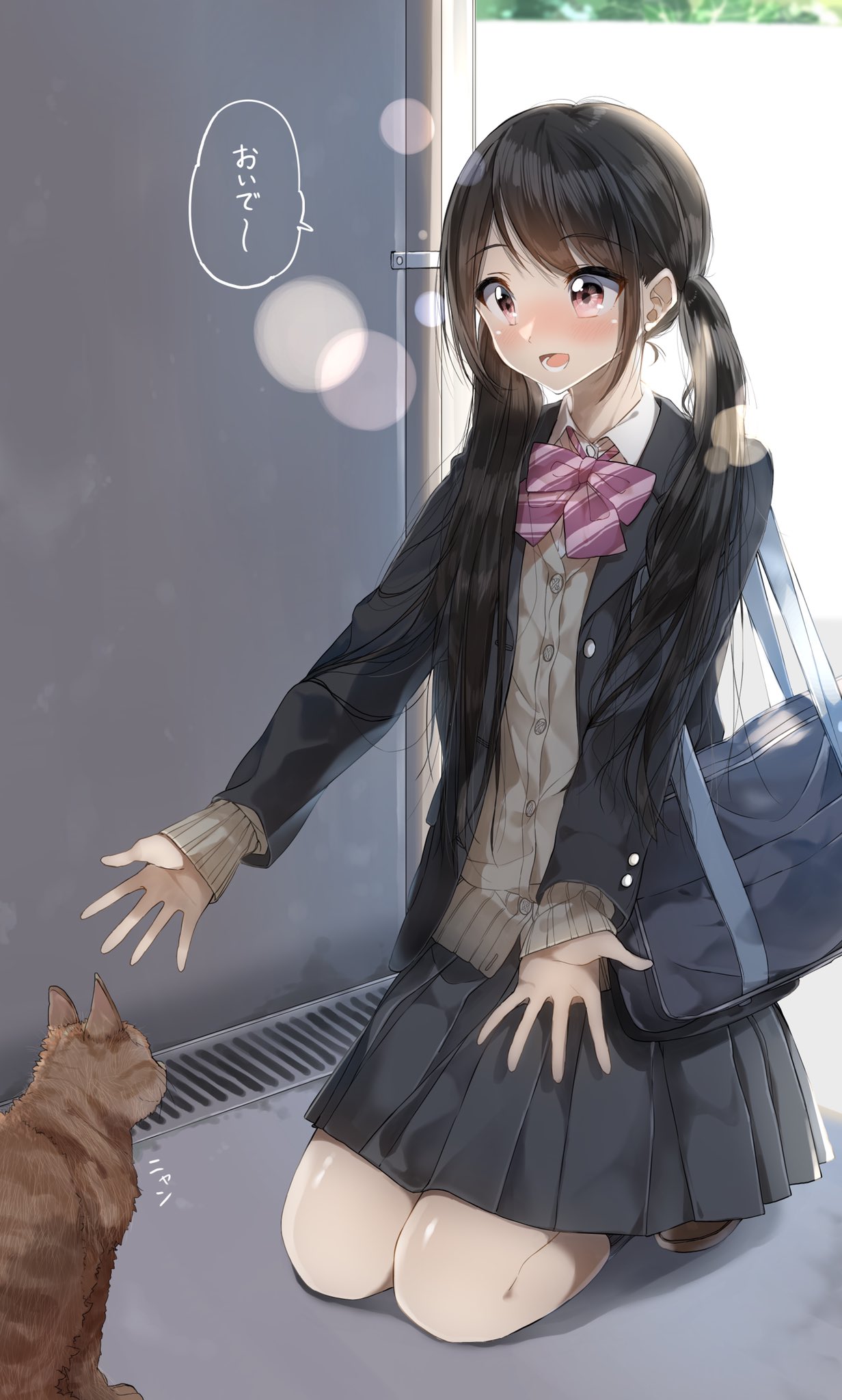1girl :d animal bag bangs black_hair black_jacket black_legwear blazer blush bow brown_cardigan brown_footwear cardigan cat collared_shirt commentary_request day diagonal_stripes dress_shirt eyebrows_visible_through_hair full_body grey_skirt highres jacket kneehighs kneeling long_hair nose_blush open_blazer open_clothes open_jacket open_mouth original outdoors outstretched_arms pentagon_(railgun_ky1206) pleated_skirt purple_bow red_eyes ribbed_legwear school_bag shirt sidelocks skirt smile solo striped striped_bow translation_request twintails very_long_hair white_shirt