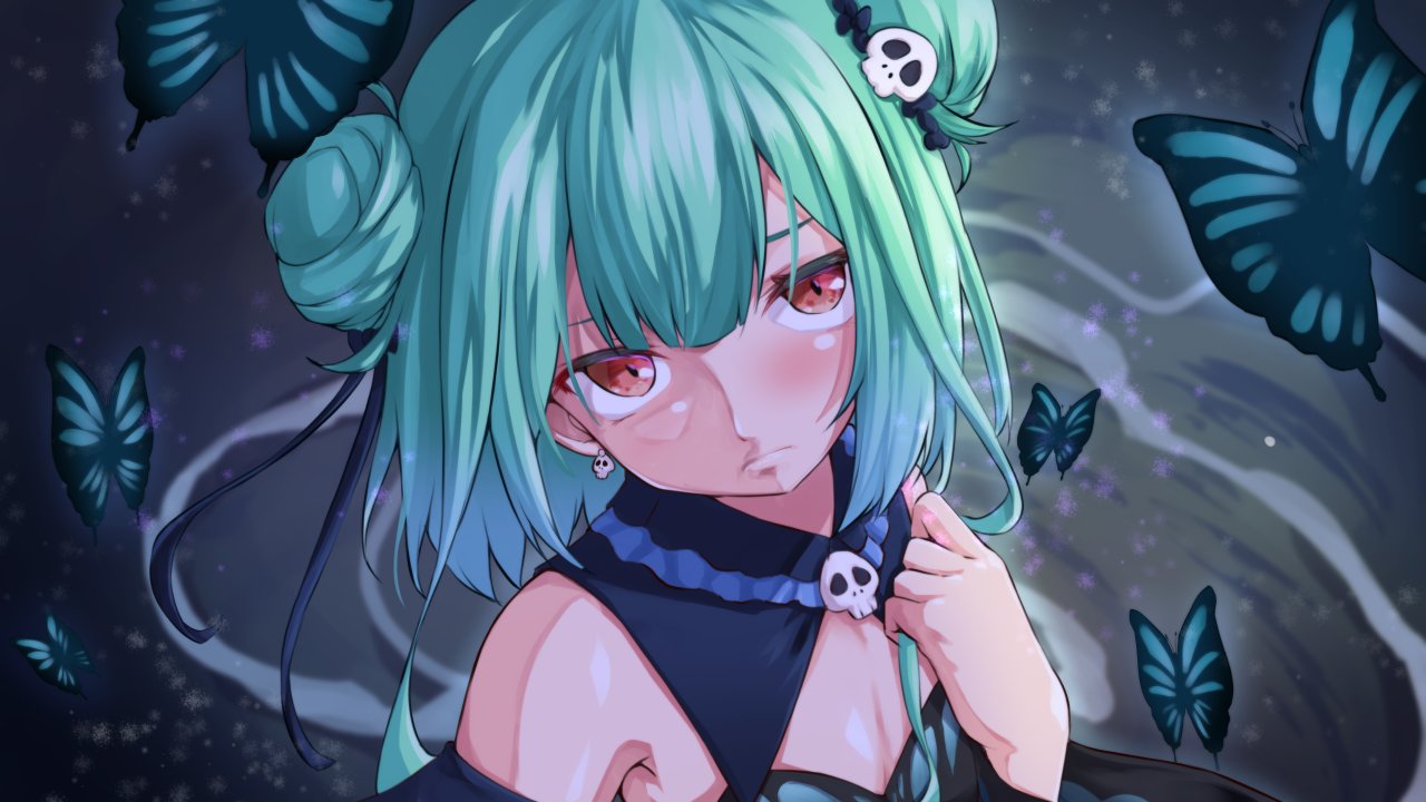 1girl bug butterfly detached_sleeves double_bun earrings green_hair hair_ornament hair_ribbon haruka_kuromiya hololive insect jewelry red_eyes ribbon skull_earrings skull_hair_ornament solo upper_body uruha_rushia virtual_youtuber