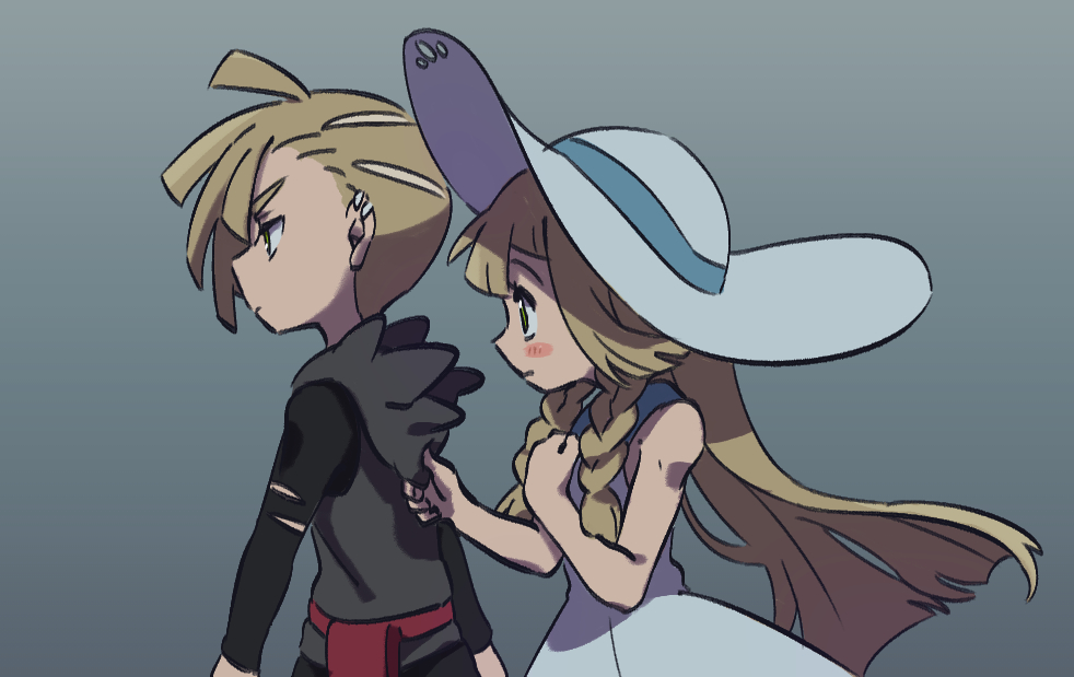 asymmetrical_hair bangs bare_shoulders black_hoodie blonde_hair blunt_bangs blush braid brother_and_sister dress ear_piercing gladio_(pokemon) green_eyes hand_on_own_chest hat hood_grab lillie_(pokemon) long_hair looking_at_another nervous parted_lips piercing pokemon pokemon_(game) pokemon_sm serious shaved_head short_hair siblings sidelocks sketch sleeveless sleeveless_dress sun_hat sundress thick_eyebrows torn_clothes torn_hoodie twin_braids ukata walking white_dress white_headwear