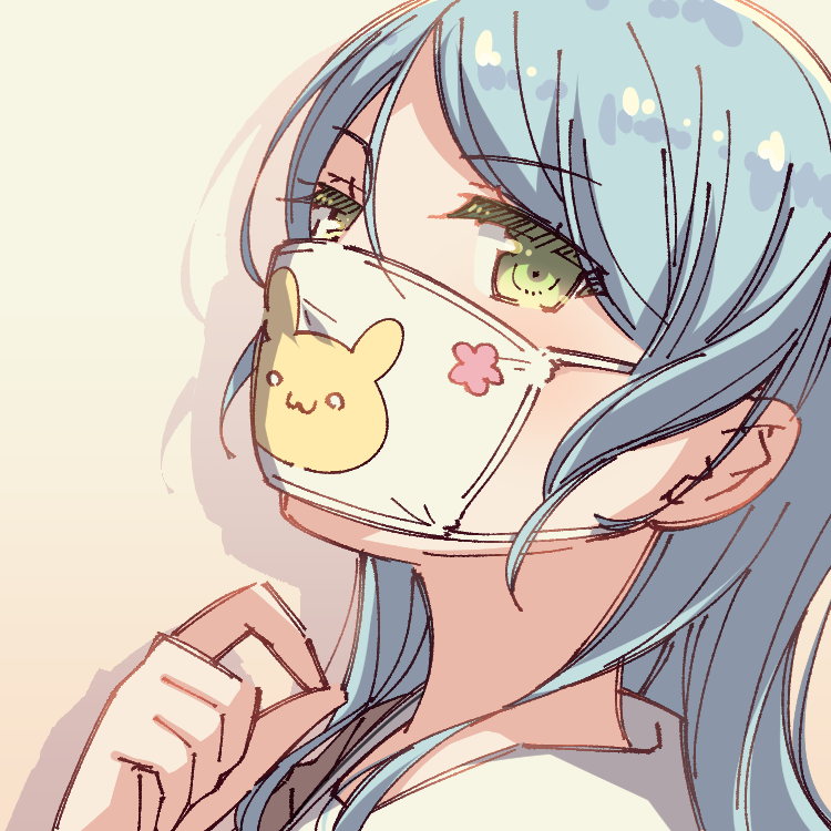 1girl animal_print aqua_hair ayasaka bang_dream! bunny_print clenched_hand drop_shadow green_eyes hand_up hikawa_sayo long_hair looking_at_viewer mask mouth_mask portrait solo symbol_commentary