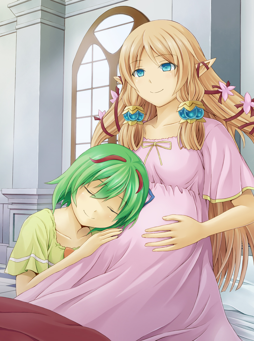 2girls antennae bed bed_sheet blonde_hair blue_eyes breasts closed_eyes closed_mouth flower green_hair hair_flower hair_ornament hair_ribbon hand_on_another's_stomach hand_on_own_thigh head_on_another's_stomach ibushigin kohaku_(rune_factory) light_particles long_hair margaret_(rune_factory) medium_breasts motherly multiple_girls nightgown on_bed pillow pointy_ears pregnant ribbon rune_factory rune_factory_4 short_hair sitting sitting_on_bed smile twintails window