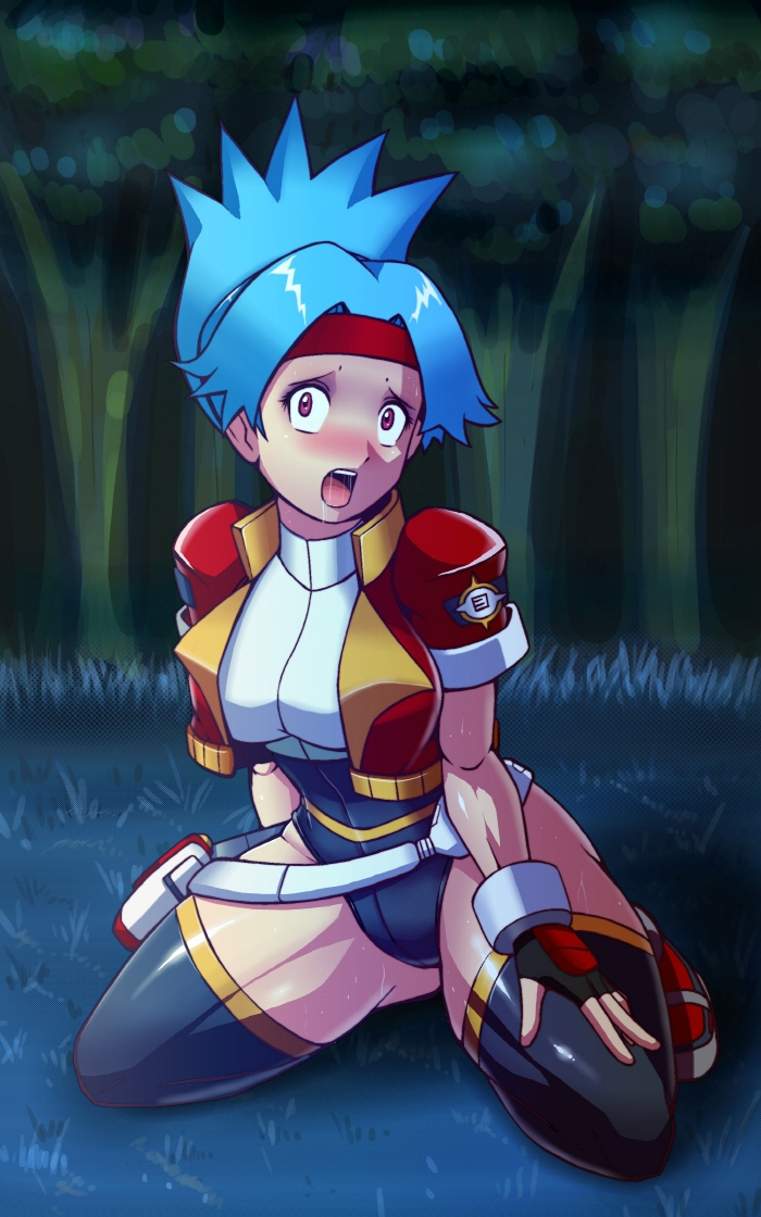1girl blue_hair boots breasts capture_styler deadmoon_(kein2002) fingerless_gloves gloves hinata_(pokemon) leotard looking_at_viewer medium_breasts pokemon pokemon_ranger pokemon_ranger_1 pokemon_ranger_uniform red_eyes thick_thighs thigh-highs thighs wide_hips