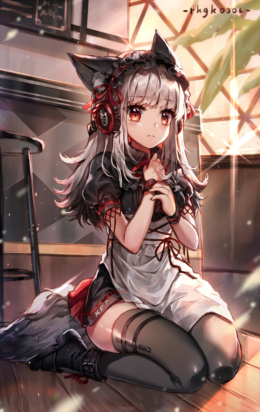 1girl animal_ear_fluff animal_ears apron arknights bangs behind-the-head_headphones black_footwear black_legwear black_shirt black_skirt blush boots closed_mouth collared_shirt eyebrows_visible_through_hair frostleaf_(arknights) grey_hair hands_together hands_up headphones highres indoors long_hair looking_at_viewer nail_polish neck_ribbon ninjinshiru on_floor own_hands_together puffy_short_sleeves puffy_sleeves red_eyes red_nails red_ribbon ribbon ribbon_trim shirt short_sleeves sitting skirt solo stool sunset tail thigh-highs waist_apron wariza white_apron window wooden_floor wrist_cuffs