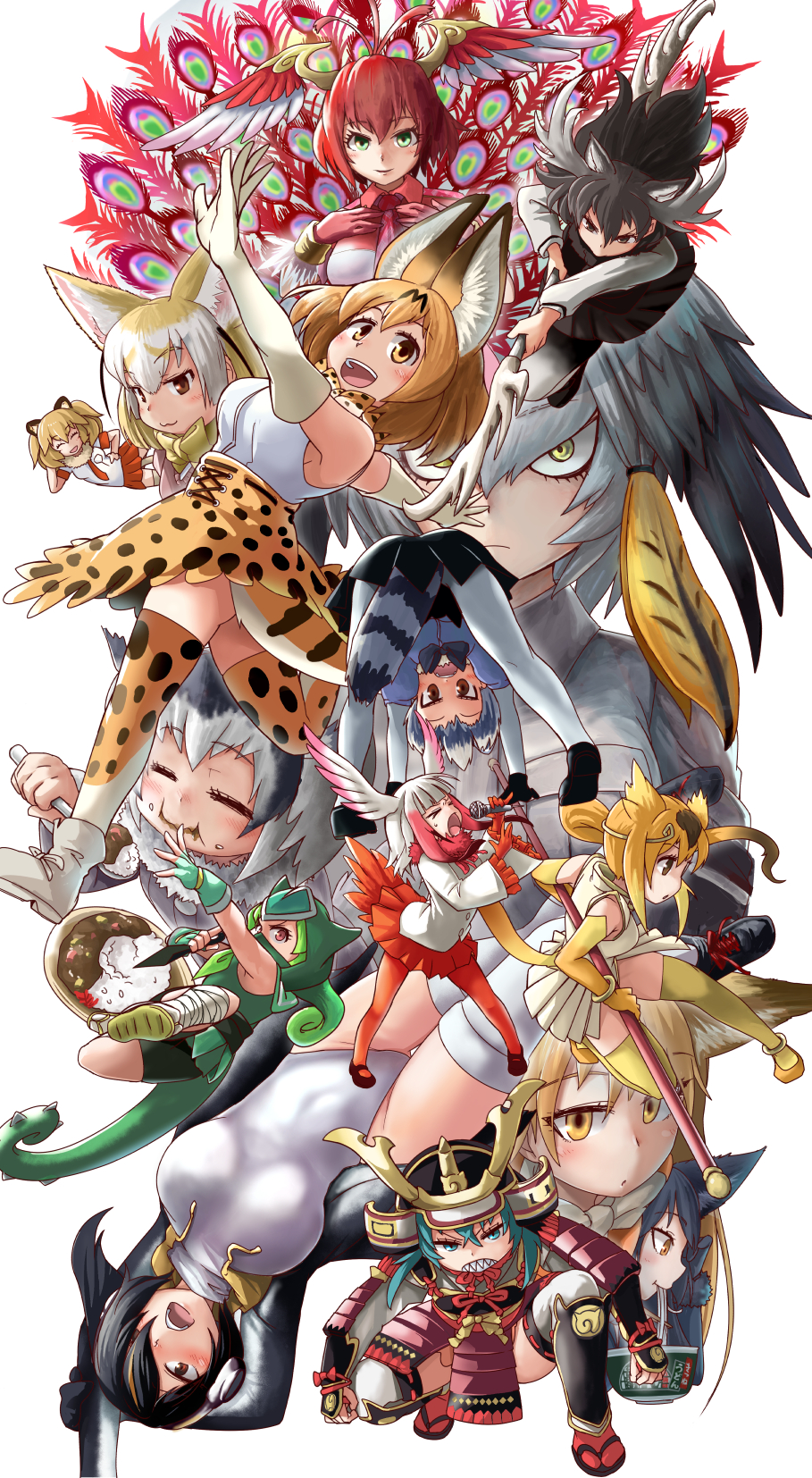 &gt;_&lt; 6+girls :3 :d animal_ear_fluff animal_ears ankle_wrap antlers armor bangs bare_shoulders bird_tail blonde_hair blunt_bangs brown_eyes chameleon_tail circlet clenched_teeth commentary_request common_raccoon_(kemono_friends) curry curry_rice d: doitsuken eating elbow_gloves emperor_penguin_(kemono_friends) extra_ears eyebrows_visible_through_hair ezo_red_fox_(kemono_friends) fennec_(kemono_friends) fingerless_gloves food food_on_face fox_ears frown gloves golden_snub-nosed_monkey_(kemono_friends) green_eyes green_hair grey_hair hair_between_eyes hair_over_one_eye head_wings helmet highres japanese_armor japanese_crested_ibis_(kemono_friends) japari_symbol kabuto kemono_friends kunai leotard lion_(kemono_friends) long_hair looking_through_legs microphone moose_(kemono_friends) multicolored_hair multiple_girls music northern_white-faced_owl_(kemono_friends) open_mouth outstretched_arms panther_chameleon_(kemono_friends) pantyhose peacock_feathers pleated_skirt print_legwear print_skirt raccoon_tail red_gloves red_legwear red_skirt redhead rice serval_(kemono_friends) serval_ears serval_print serval_tail sharp_teeth shirt shoebill_(kemono_friends) short_hair silver_fox_(kemono_friends) simple_background singing skirt smile spoon staff striped_tail suzaku_(kemono_friends) tail teeth thigh-highs tsuchinoko_(kemono_friends) tsurime udon weapon white_background white_hair white_legwear white_leotard white_shirt white_skirt yellow_eyes yellow_gloves yellow_legwear