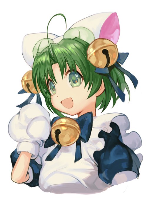 1girl :d ahoge apron bell black_dress blue_bow bow dejiko di_gi_charat dress gloves green_eyes green_hair hair_bell hair_bow hair_ornament hankuri jingle_bell looking_at_viewer maid_apron open_mouth paw_gloves paws puffy_short_sleeves puffy_sleeves short_hair short_sleeves simple_background smile solo white_apron white_background white_bow white_gloves