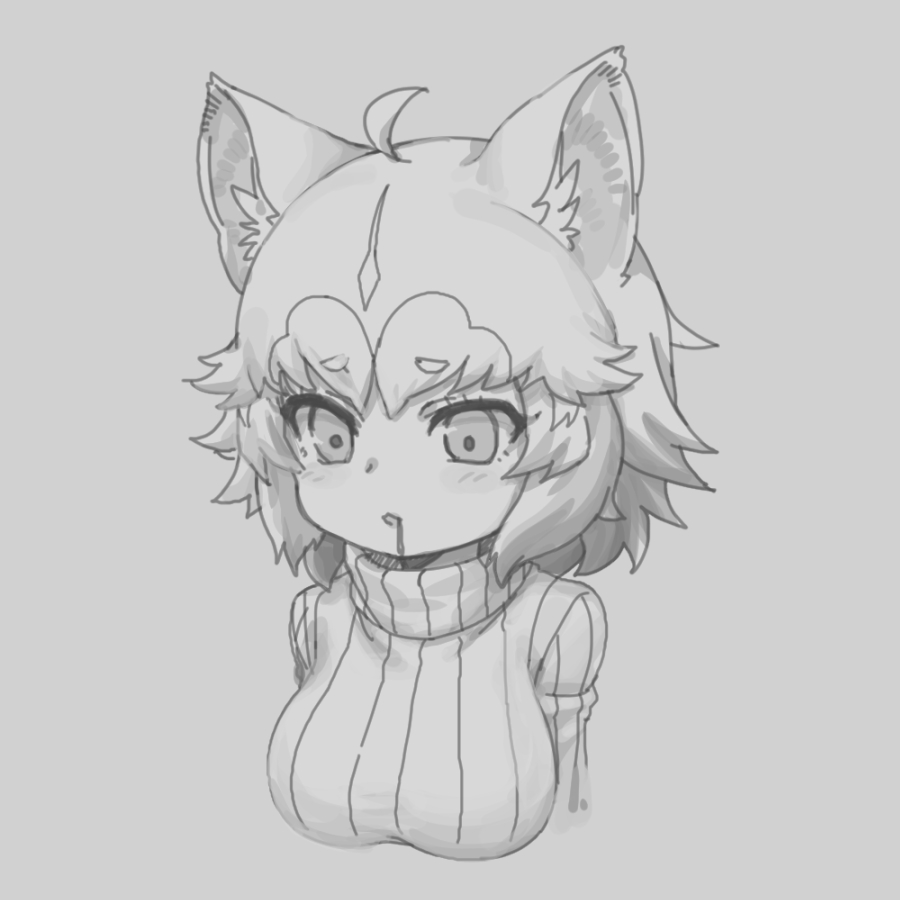 1girl ahoge alternate_costume animal_ears breasts dog_(mixed_breed)_(kemono_friends) dog_ears drooling eyebrows_visible_through_hair greyscale kemono_friends large_breasts looking_at_viewer monochrome multicolored_hair nyifu parted_lips ribbed_sweater saliva short_hair solo sweater turtleneck turtleneck_sweater upper_body