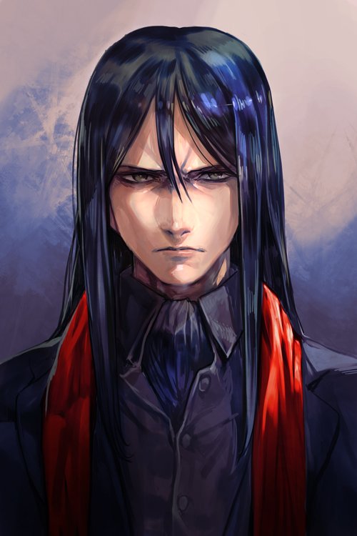 1boy black_coat black_hair closed_mouth coat collared_shirt cravat fate/stay_night fate_(series) frown grey_background grey_eyes grey_shirt hankuri long_hair looking_at_viewer lord_el-melloi_ii open_clothes open_coat purple_hair red_scarf scarf shirt solo upper_body waver_velvet wing_collar