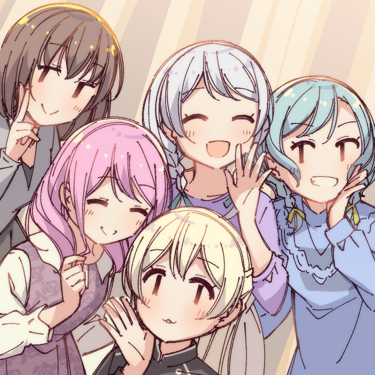 5girls :d ^_^ aqua_hair ayasaka bang_dream! bangs blonde_hair blue_shirt bow braid brown_hair clenched_hand closed_eyes commentary_request dress green_bow grey_shirt grin group_picture hair_bow hand_on_own_cheek hand_up hata_sawako hikawa_hina long_hair long_sleeves maeshima_ami maruyama_aya multiple_girls nakagami_ikumi open_mouth ozawa_ari pastel_palettes photo-referenced pinafore_dress pink_hair purple_shirt seiyuu_connection shirasagi_chisato shirt short_hair side_braids smile twin_braids uesaka_sumire v wakamiya_eve white_hair white_shirt yamato_maya yellow_bow |_|