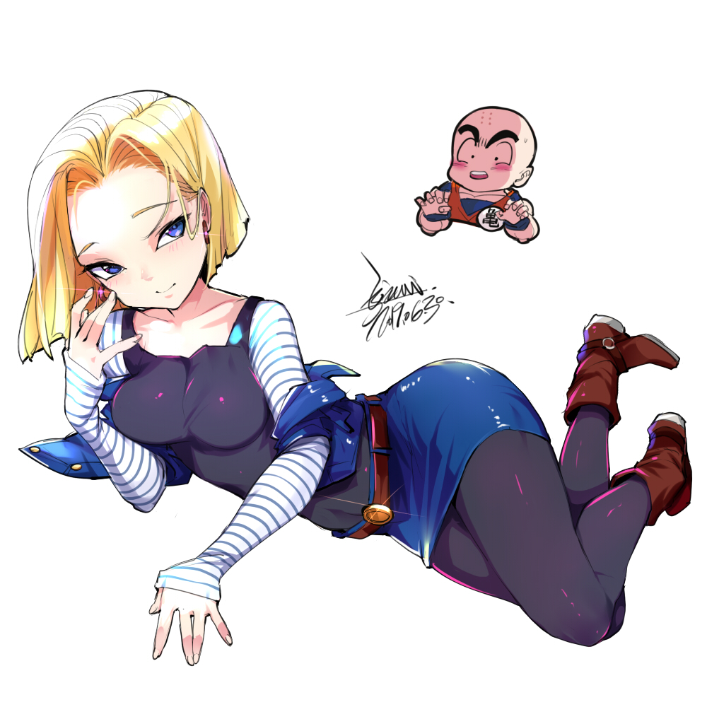 1boy 1girl android_18 bald blonde_hair blue_eyes blush breasts closed_mouth dougi dragon_ball dragon_ball_z earrings ejami jewelry kuririn looking_at_viewer pantyhose short_hair simple_background smile sweatdrop white_background wristband