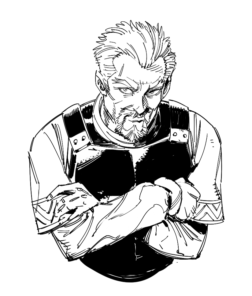 1boy armor askeladd beard breastplate crossed_arms facial_hair greyscale long_sleeves looking_at_viewer male_focus monochrome old_man ruukii_drift short_hair simple_background solo upper_body vinland_saga weibo_username white_background