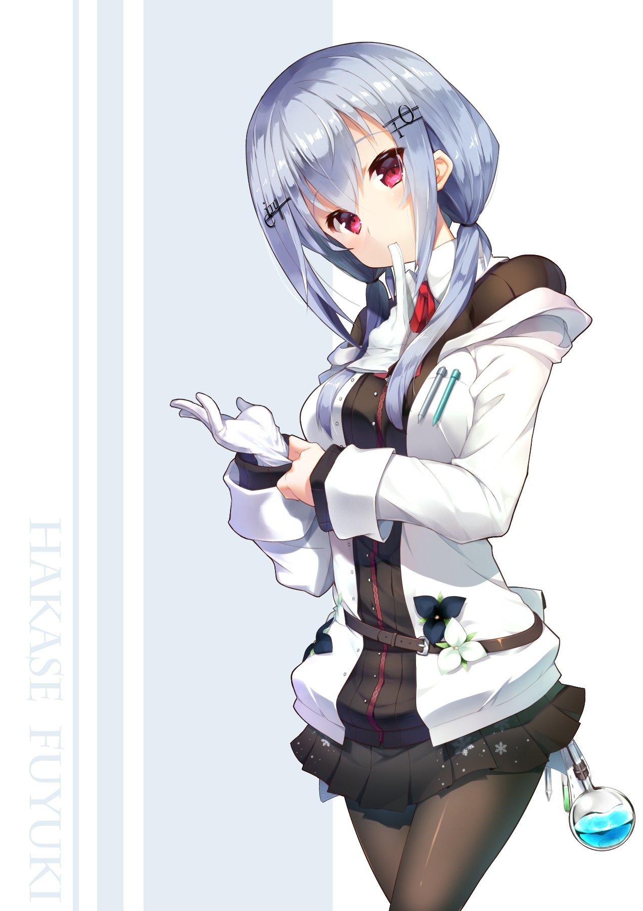 1girl belt black_legwear black_skirt black_sweater blue_background breast_pocket breasts character_name collared_shirt commentary cowboy_shot flask flower glove_in_mouth glove_pull gloves hair_ornament hairclip hakase_fuyuki head_tilt highres hoppege jacket long_hair long_sleeves looking_at_viewer mechanical_pencil medium_breasts miniskirt mouth_hold neck_ribbon nijisanji off_shoulder pantyhose pencil pleated_skirt pocket putting_on_gloves red_eyes red_neckwear red_ribbon ribbed_sweater ribbon shirt silver_hair simple_background skirt snowflake_print solo sweater test_tube twintails two-tone_background virtual_youtuber white_background white_gloves white_jacket white_shirt