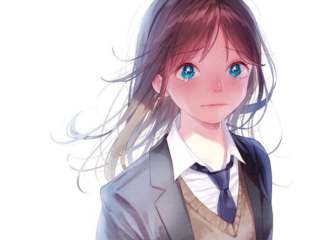 1girl arms_at_sides blazer blue_eyes blue_neckwear blush brown_hair brown_sweater close-up closed_mouth collared_shirt crying crying_with_eyes_open dress_shirt expressionless eyebrows_visible_through_hair eyelashes face flat_chest floating_hair flying_teardrops furrowed_eyebrows hami_yura jacket lips long_hair looking_at_viewer necktie original sad school_uniform shaded_face shiny shiny_hair shirt simple_background solo straight_hair sweater sweater_vest tears uniform upper_body white_background white_shirt wide-eyed